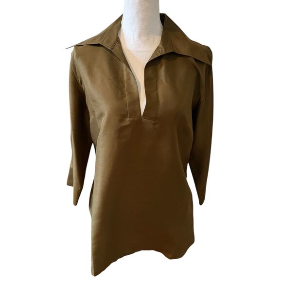 Vintage Harve Silk Collared Top Olive Green 12 - Picture 1 of 5